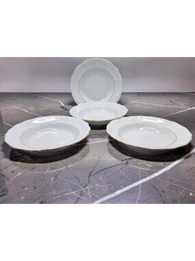 Vintage Set of 4 Gibson White W/Gold Trim Housewares China 11.5" Dinner Plates